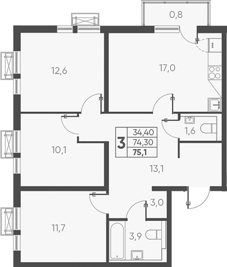 Продается 3-комн. квартира, 76.17 м²
