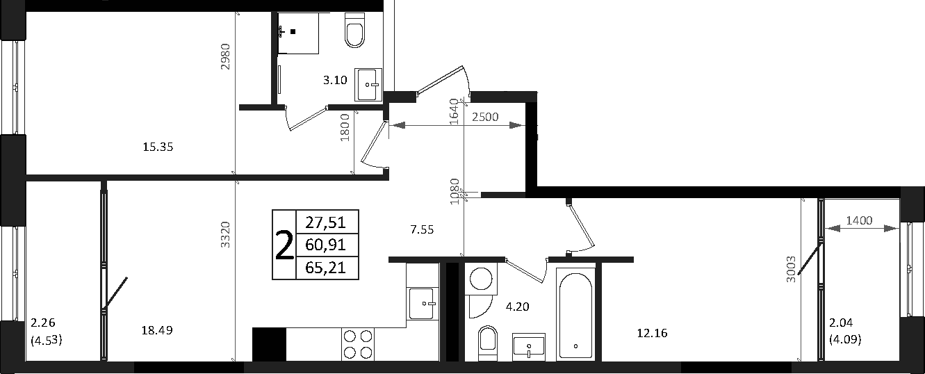 3-комн., 60.91 м², 15/18 этаж, ЖК «Патрики»
