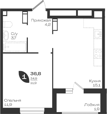 Продается 1-комн. квартира, 34.9 м²