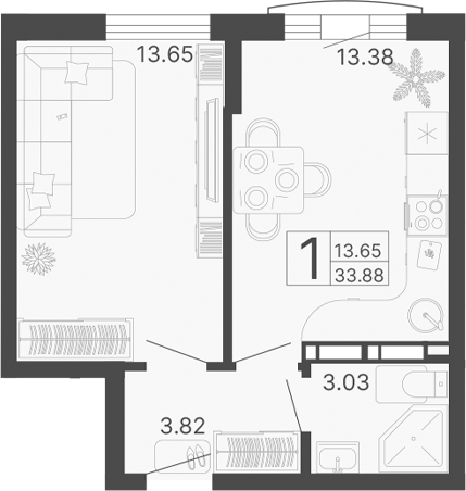 1-комн., 33.88 м², 14/20 этаж, ЖК «Светский лес»