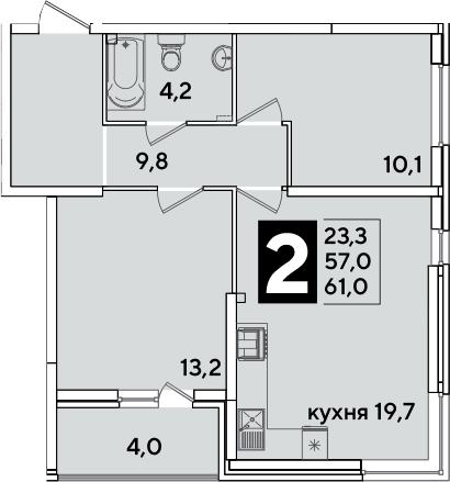 3-комн., 57 м², 1/16 этаж, ЖК «Самолет»