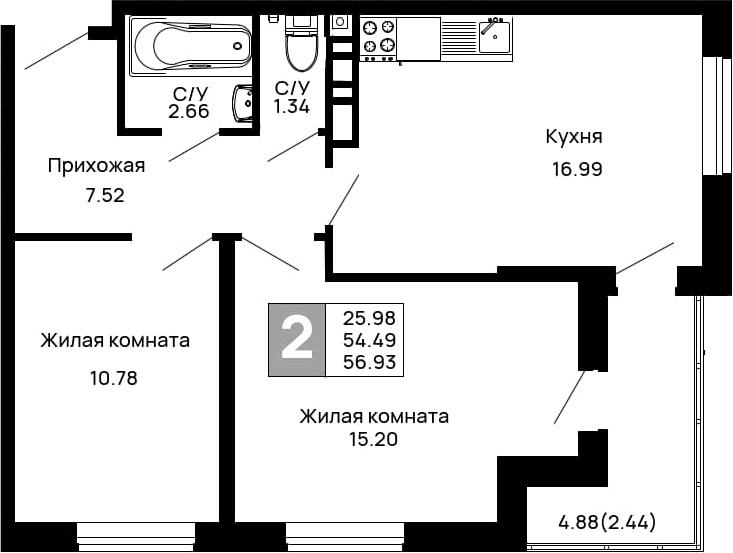 2-комн., 54.49 м², 10/13 этаж, ЖК «Долина»
