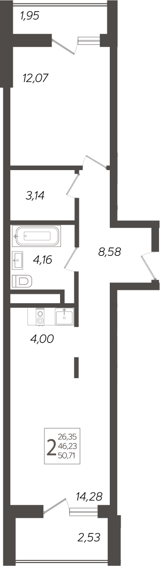 2-комн., 46.23 м², 2/19 этаж, ЖК «Кислород»
