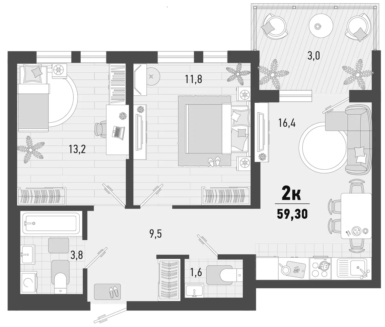 2-комн., 56.3 м², 14/15 этаж, ЖК «Барса»