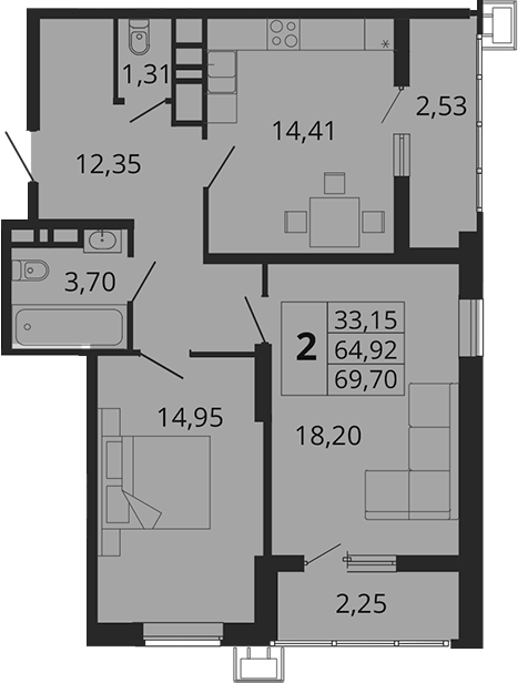 2-комн., 64.92 м², 15/18 этаж, ЖК «Родные Просторы»