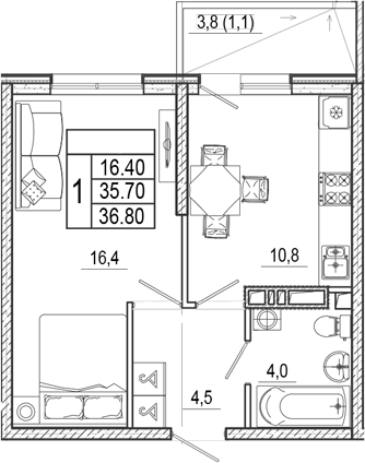 1-комн., 35.7 м², 2/17 этаж, ЖК «Лестория»