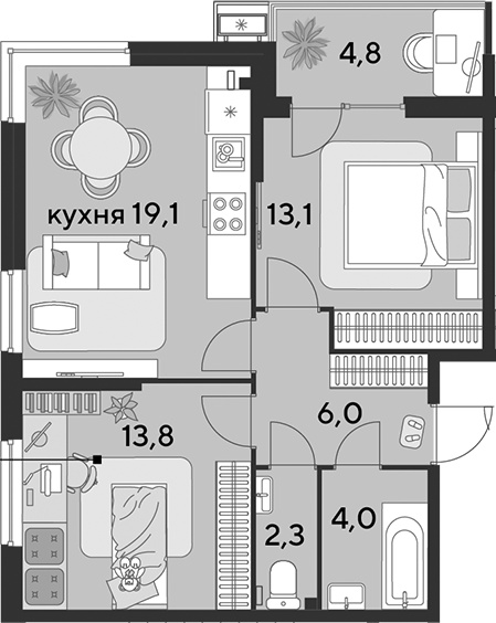 3-комн., 58.3 м², 2/18 этаж, ЖК «Парк Победы»
