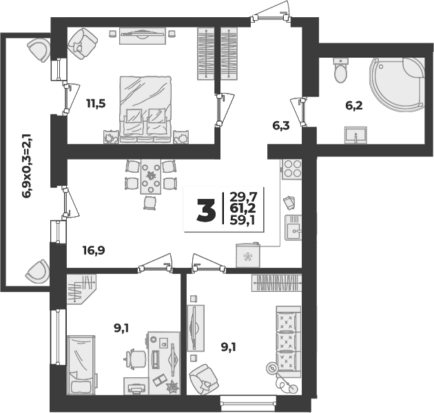 Продается 3-комн. квартира, 59.1 м²