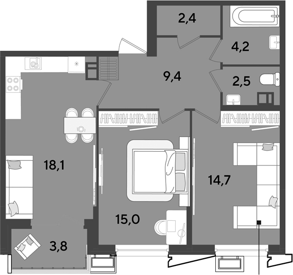 3-комн., 66.3 м², 8/9 этаж, ЖК «Парк Победы»