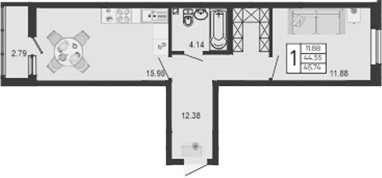 Продается 1-комн. квартира, 44.34 м²