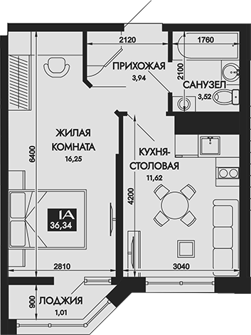 1-комн., 35.33 м², 4/12 этаж, ЖК «Вершины. ГК Смена»