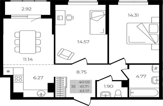 3-комн., 61.71 м², 3/8 этаж, ЖК «Курортный регион»