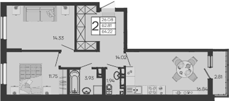 2-комн., 62.81 м², 8/9 этаж, ЖК «Дом 101»