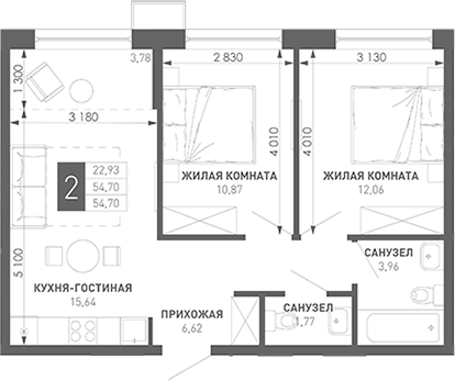 2-комн., 57.49 м², 18/18 этаж, ЖК «Иначе в Молодежном»