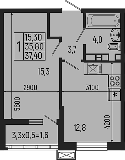 1-комн., 35.8 м², 7/7 этаж, ЖК «Звезды»