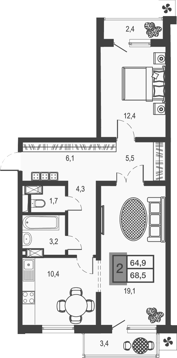 2-комн., 62.68 м², 14/21 этаж, ЖК «Дом у озера»