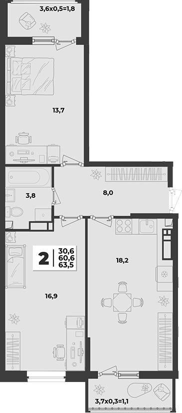 Продается 2-комн. квартира, 60.6 м²
