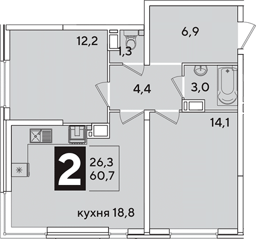 3-комн., 60.7 м², 11/16 этаж, ЖК «Самолет»