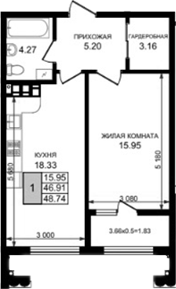 1-комн., 46.91 м², 8/8 этаж, ЖК «Резиденция морей»