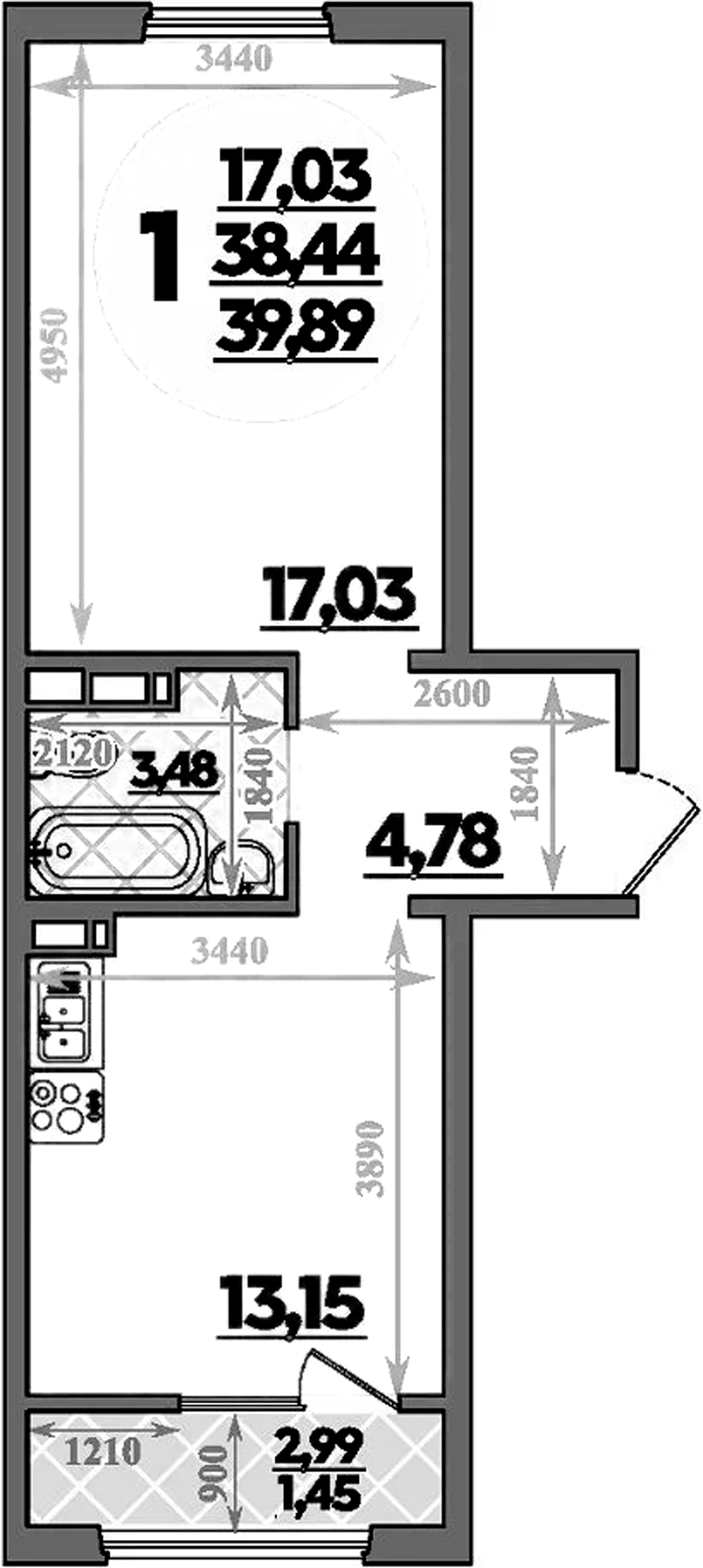 Продается 1-комн. квартира, 38.44 м²