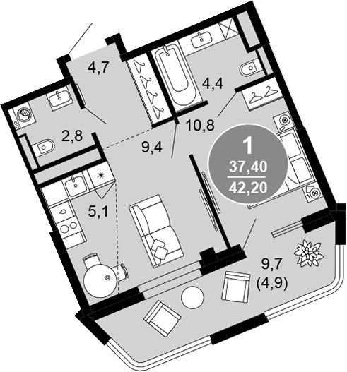 2-комн., 37.3 м², 2/5 этаж, ЖК «Клубный дом премиум класса Моретта»