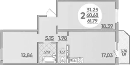 Продается 2-комн. квартира, 60.68 м²