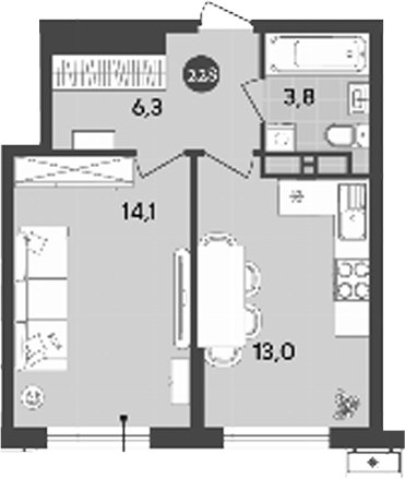 1-комн., 37.2 м², 18/18 этаж, ЖК «Порто-Ново»