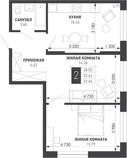 2-комн., 50.19 м², 4/9 этаж, ЖК «Иначе в Молодежном»