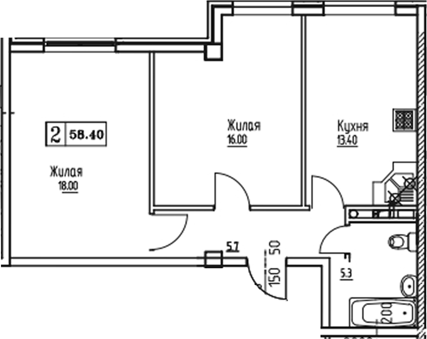 2-комн., 58.36 м², 8/9 этаж, ЖК «Южная звезда»