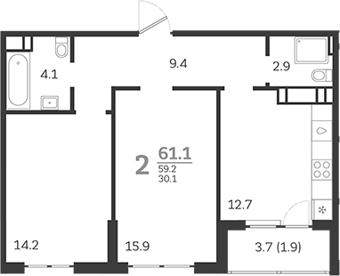 2-комн., 58.2 м², 17/24 этаж, ЖК «Все Свои VIP»