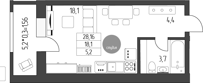 Студия, 26.6 м², 2/5 этаж, ЖК «Лермонтов»