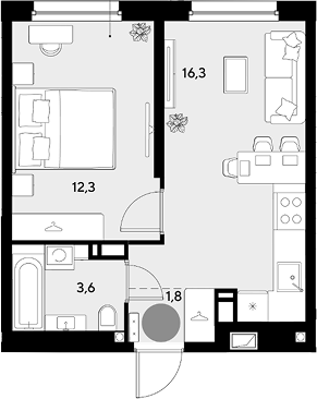 1-комн., 34 м², 5/18 этаж, ЖК «Грейд»