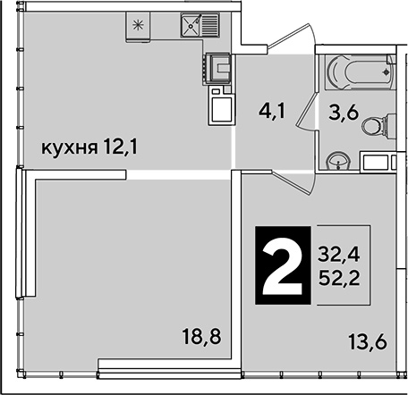 2-комн., 52.2 м², 16/16 этаж, ЖК «Самолет»