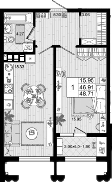 1-комн., 46.91 м², 5/8 этаж, ЖК «Резиденция морей»