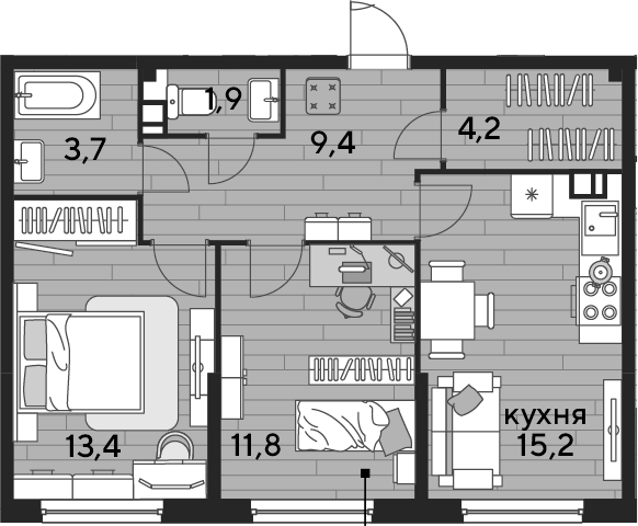 2-комн., 59.6 м², 3/16 этаж, ЖК «DОГМА ПАРК»