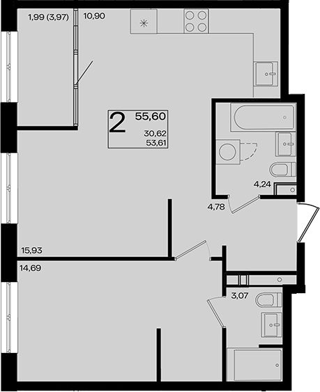 2-комн., 53.61 м², 9/18 этаж, ЖК «Патрики»