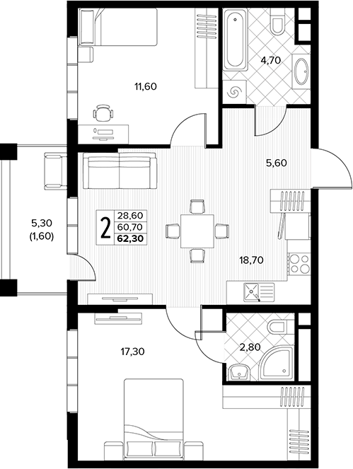 2-комн., 60.7 м², 4/7 этаж, ЖК «Кипарис»
