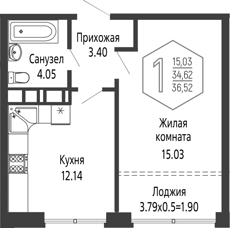 1-комн., 34.62 м², 19/24 этаж, ЖК «Гарантия PRIME»