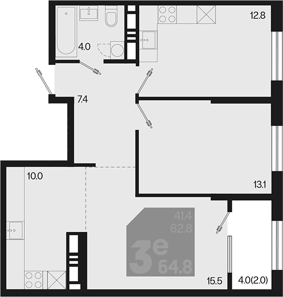 3-комн., 62.8 м², 18/18 этаж, ЖК «Первое место»