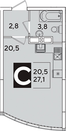 Студия, 27.1 м², 16/16 этаж, ЖК «Самолет»