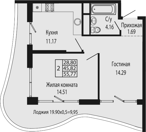2-комн., 45.82 м², 5/12 этаж, ЖК «Sun Hills Ольгинка»