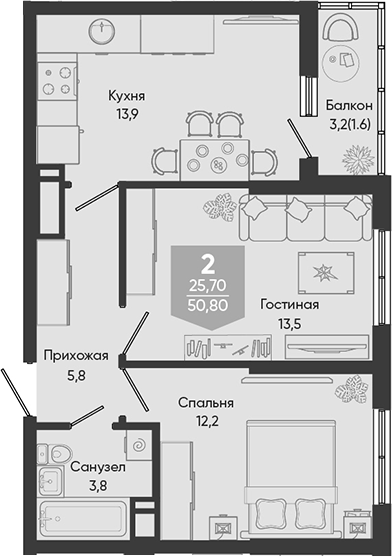 2-комн., 49.2 м², 24/24 этаж, ЖК «Облака»