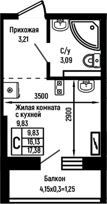 Студия, 16.13 м², 3/9 этаж, ЖК «Ботаника Хиллс»