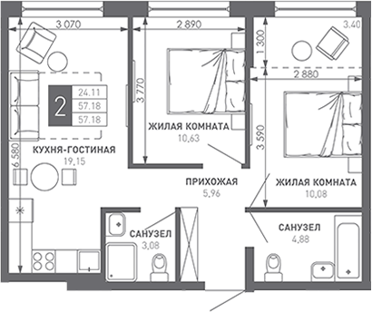 2-комн., 57.18 м², 5/9 этаж, ЖК «Иначе в Молодежном»