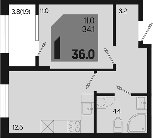 1-комн., 34.1 м², 2/18 этаж, ЖК «Первое место»