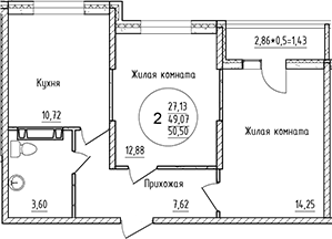 2-комн., 49.07 м², 8/16 этаж, ЖК «Друг»