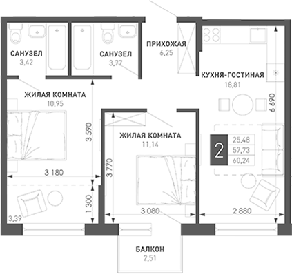 2-комн., 60.9 м², 9/18 этаж, ЖК «Иначе в Молодежном»