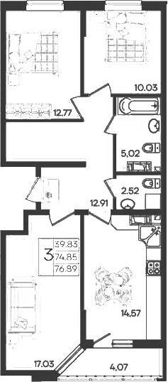 3-комн., 74.85 м², 10/18 этаж, ЖК «Дом 101»