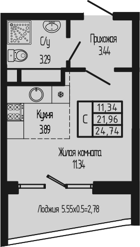 Студия, 21.96 м², 12/12 этаж, ЖК «Sun Hills Ольгинка»