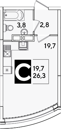 Студия, 26.3 м², 15/16 этаж, ЖК «Самолет»